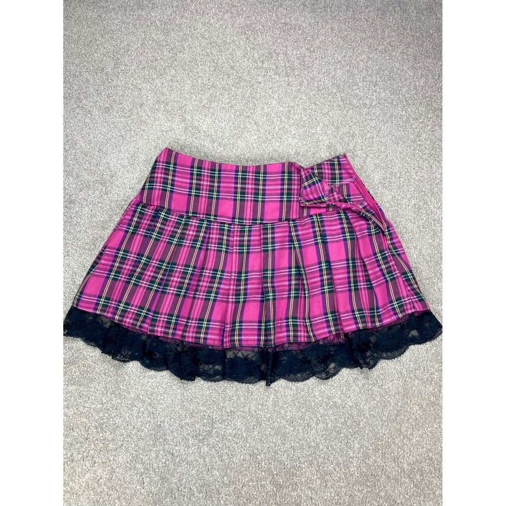 Lace Trim Pleated Plaid Academia Mini Skirt Womens S Pink Black Coquette Grunge - Picture 5 of 9